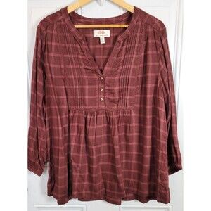 Wrangler Womens Plaid Top Size L Popover 3/4 Length Sleeve